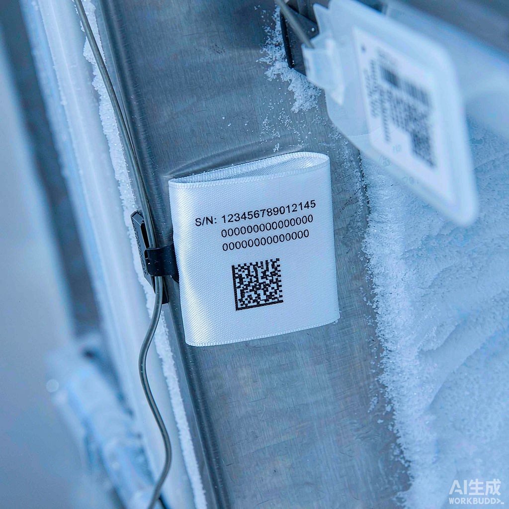 超低温冰箱内壁不锈钢表面上贴附的尼龙布点位标签与固定探头线缆的缠绕标签