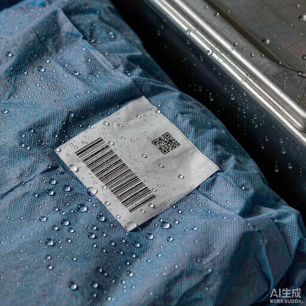 湿热灭菌循环后仍牢固附着在包布上的耐121℃标签特写
