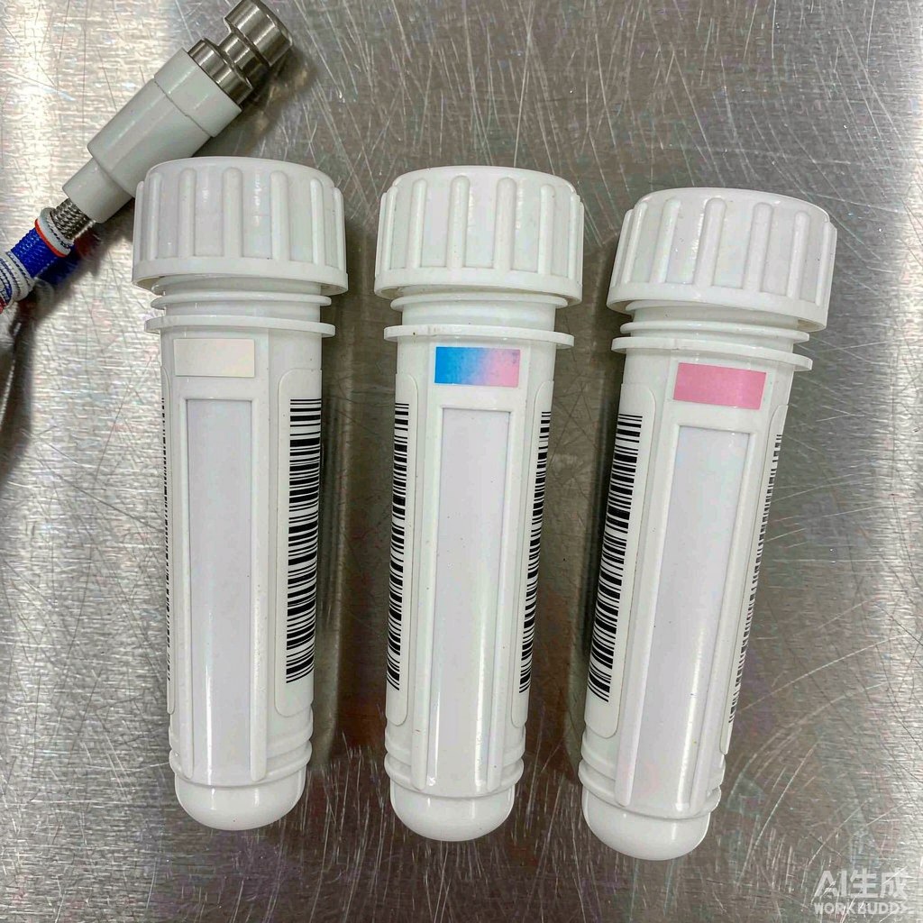 实验室 TTI 时间温度指示标签贴在冻存管与冷链包装箱表面的实拍图