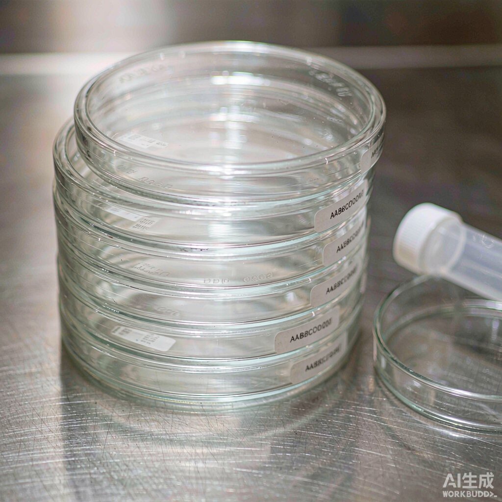 φ90mm 玻璃培养皿侧壁贴标的白色标签特写，旁边为 φ55mm 接触碟与采样管