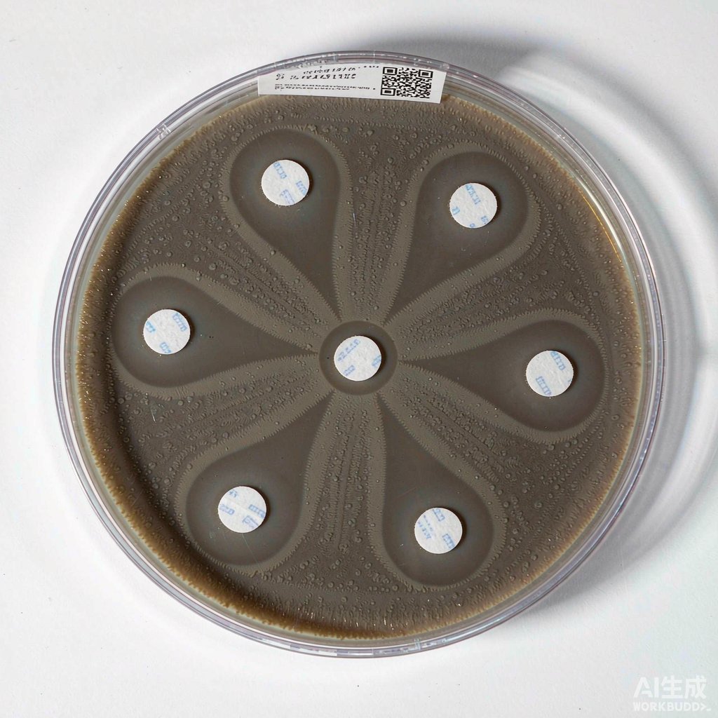 药敏平板琼脂面的纸片与抑菌圈，标签仅占皿底外缘环带