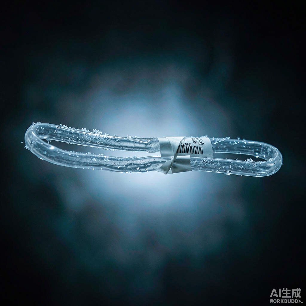 冷冻麦管缠绕标签搭接细节：细管曲面上的窄条标签首尾搭接，标签表面印有条码