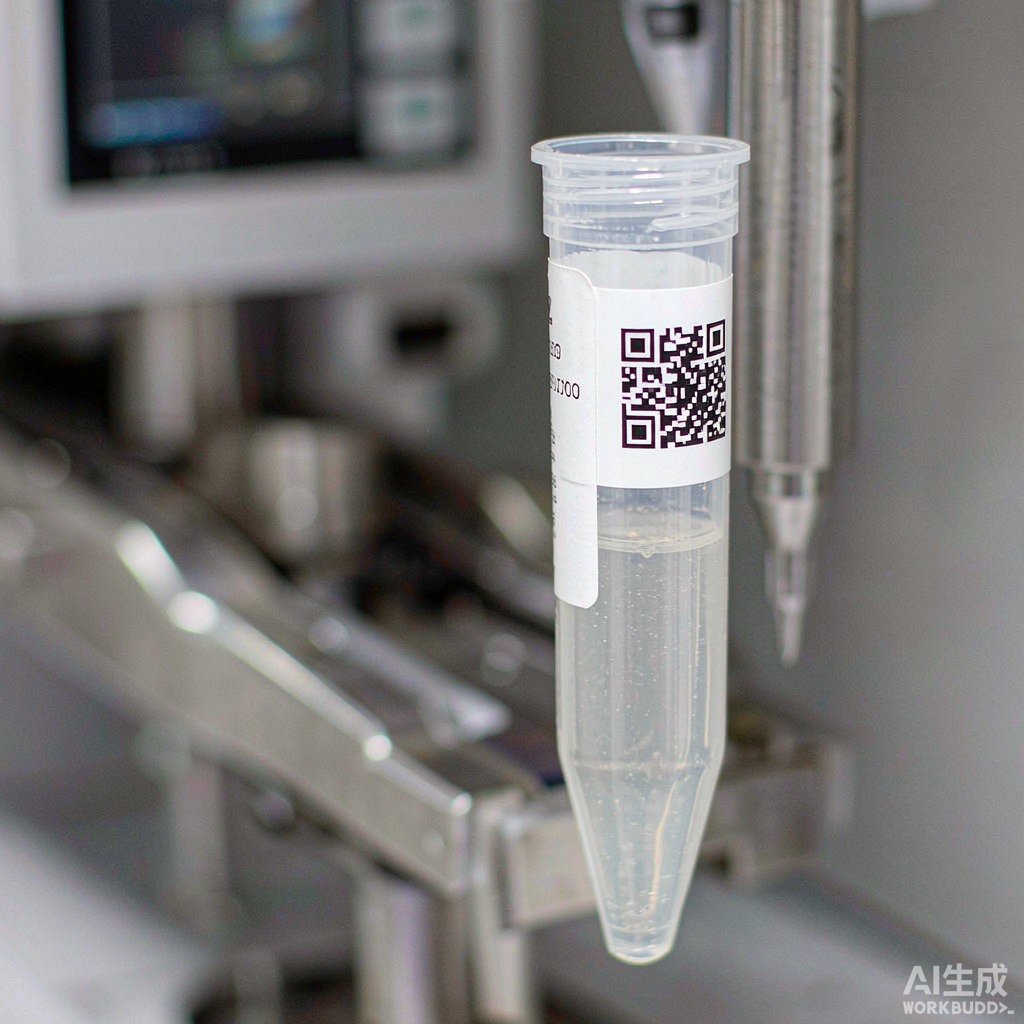 5 mL 圆底流式上样管上缠绕式 DataMatrix 标签的弧面搭接特写