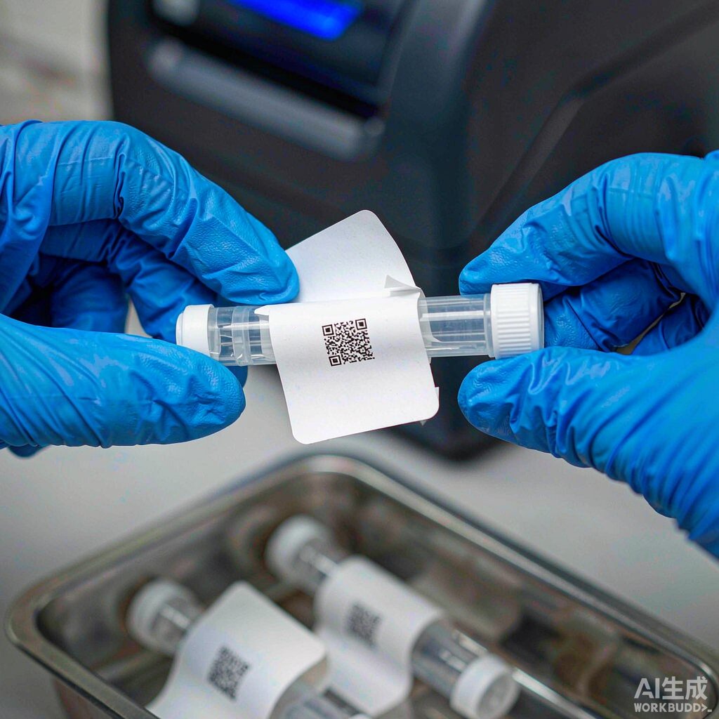 戴丁腈手套将缠绕式标签贴合到透明采样管外壁的近景